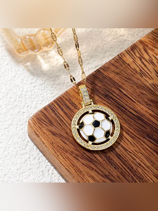 Moon Goddess Emporium Jewelry - 18K Gold Soccer Ball Enameled Micro Pave Diamond Inlay Pendant Necklace Unisex